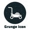 Grunge Lawn mower icon isolated on white background. Lawn mower cutting grass. Monochrome vintage drawing. Vector