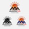 Grunge Mountains logo vector with sun icons