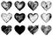 Grunge painted black hearts set