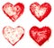 Grunge painted red heart shapes set