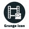 Grunge Play Video icon isolated on white background. Film strip sign. Monochrome vintage drawing. Vector
