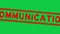 Grunge red communication word square rubber stamp zoom in green background