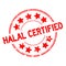 Grunge red halal certified word with star icon round rubber stamp on white background