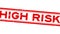 Grunge red high risk word square rubber stamp zoom on white background