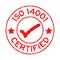 Grunge red ISO 14001 certified with mark icon round rubber stamp on white background