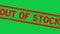 Grunge red out of stock word rubber stamp on green background