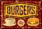 grunge retro Burger, Hamburger, diner tin sign, vintage advertising signage vector