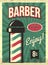 Grunge retro metal sign with barber pole. Barbershop flyer. Vintage poster. Old fashioned design.