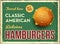 Grunge retro metal sign with hamburger. Classic american fast food. Vintage poster with cheesburger. Old fashioned