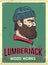 Grunge retro metal sign with lumberjack. Professional wood works. Head of woodcutter. Profile view. Vintage poster. Old