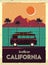 Grunge retro metal sign with palm trees and van. Surfing in California. Vintage advertising poster. Old fashioned design