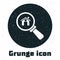 Grunge Search house icon isolated on white background. Real estate symbol of a house under magnifying glass. Monochrome