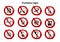 Grunge set of prohibition sign, no vector symbols. Forbidden icons with food, camera, alcohol