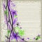 Grunge spring floral background with green and violet flowers