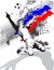 Grunge style image of the flag and the victory of the football player on the football field of Russia.vector illustration