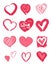 Grunge style pink hearts collection for valentines decorations, stickers, prints, set of isolated icons, editable vector