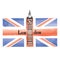 Grunge UK flag, London famous landmark tower. Travel sign