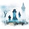 Grunge watercolor illustration of a cemetery with silhouettes of people. AI generated animal ai