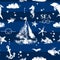 Grunge white stamp print sailboat, anchor, fishes, seagull on navy blue background seamless pattern, vector