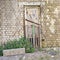 Grunge wooden door, cracked brick wall background