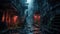Grungy alley in dystopian city, abandoned dirty dark street in rain