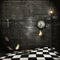 grungy background with chequered floor, backwards clock & lamppost