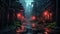 Grungy street with red lights in cyberpunk city, dark alley in rain