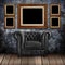 Grungy wall with Classic Brown leather armchair and old wood