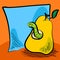 Grungy worm cartoon inside a pear with sticky note