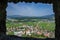 Gruyere, Switzerland. Valley views from the Gruyere castle Chateau de Gruyeres ramparts.