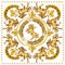 GSilk scarf with golden horses and damask ornament. luxury shawl design.