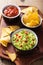 Guacamole with avocado, lime, chili and tortilla chips, salsa