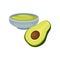 Guacamole in ceramic bowl and half of fresh avocado. Delicious Mexican sauce. Flat vector element for cafe menu or flyer