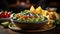 Guacamole and Chips: A close-up shot of a bowl of creamy guacamole with colorful tortilla chips, showcasing the rich