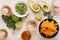 Guacamole, corn chips and beer, light Mexican snack or dinner, , top view