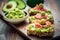 Guacamole dip or spread with open sandwiches and ham on wooden kitchen table