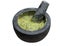 guacamole inside molcajete (traditional mexican mortar and pestle for grinding spices) avocado dip white background