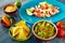 Guacamole mexican food with ceviche and nachos