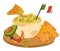 Guacamole. Mexican food guacamole with nachos, avocado, pepper, lime and spices. Delicious, healthy food, snack. Hand Drawn