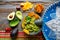 Guacamole with nachos in Mexican molcajete