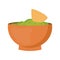 Guacamole with nachos - traditional Mexican latin american sauce made from avocado. Ceramic bowl with guacamole sauce