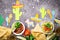 Guacamole, salsa, nachos and tequila