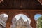 Guadalupe Monastery cloister from open arcade. Mudejar arches de