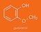 Guaiacol aromatic molecule. Responsible for the smoky taste of smoked foods. Skeletal formula.