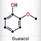 Guaiacol molecule. It is expectorant, disinfectant, plant metabolite. Present in wood smoke. Skeletal chemical formula