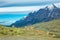 Guanaco lamas in national park Torres del Paine mountains, Patagonia, Chile, America