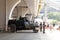 GUANGZHOU, CHINA, 2019-10-17: Chinese military with weapons near an armored car, guarding the passage and passage. Security of the