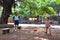 GUANGZHOU, CHINA - CIRCA MAY 2020: A little white girl practises kung-fu with a Chinese martial arts teacher