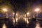 Guangzhou People`s Park with fog at night, China