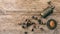 Guarana nuts and powder on wooden background, top view, copy space